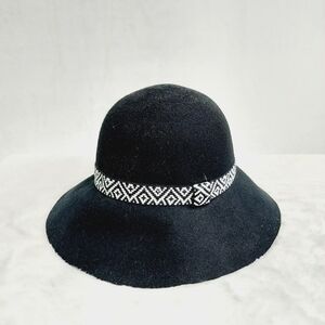 PACSUN FLOPPY BRIM FELT HAT Womens Black 100% Wool Cloche Fedora Print Band Z92